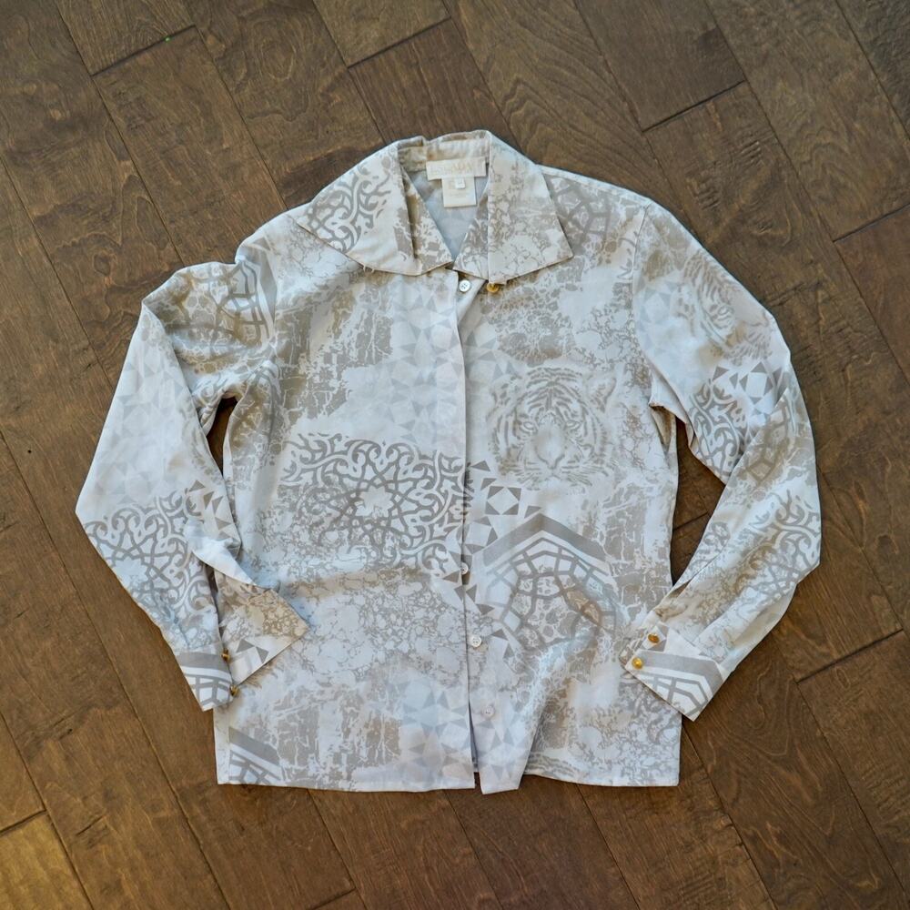 ESCADA Vintage Ivory Tan‎ Silk Lion Print Blouse Top 34 / XS
